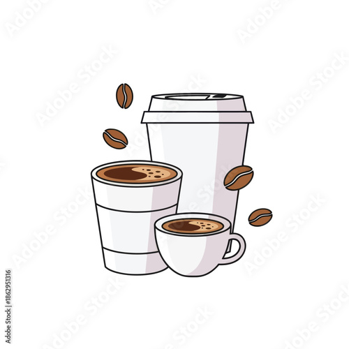 Coffee cups and beans illustration, takeaway coffee, espresso, morning beverage