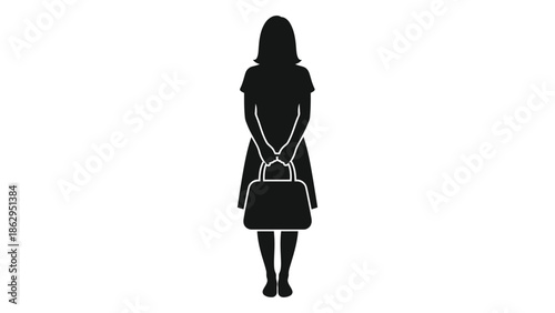 Silhouette of a woman from the back wearing a dress and carrying a bag