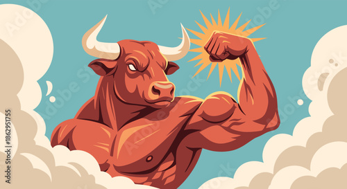 Powerful muscular bull or minotaur character flexing its bicep against a background of clouds and a shining sun.