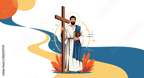 Jesus Christ standing with a wooden cross and the holy bible, depicted in a modern flat design illustration style.