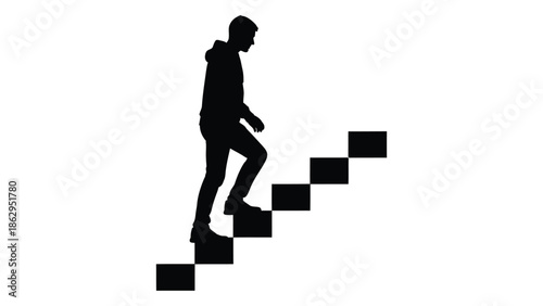 Silhouette of a person ascending a flight of stairs simple black and white