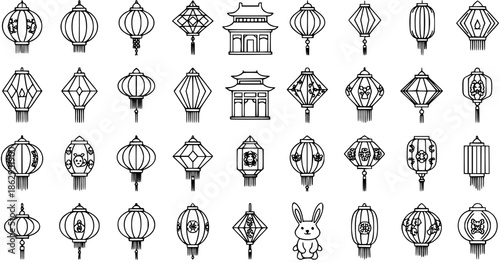 Chinese Lanterns and Traditional Buildings Line Art Icons Set for Lunar New Year