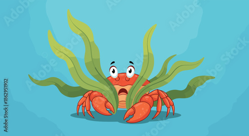 Scared cartoon crab hiding behind green seaweed at the bottom of the ocean, with a worried look on its face.