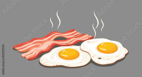 Classic breakfast meal of hot, steaming fried eggs and crispy bacon strips, illustrated on a solid grey background.