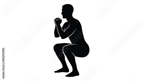 Silhouette of a man performing a bodyweight squat exercise in a dark setting