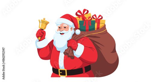 Happy Santa Claus carrying a large sack full of gifts over his shoulder and ringing a golden bell for Christmas.