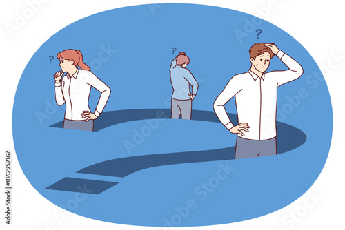 Confused business people are standing inside big question trying to find way out of deadlock. Question prevents team of office employees from moving forward to achieve goals and objectives