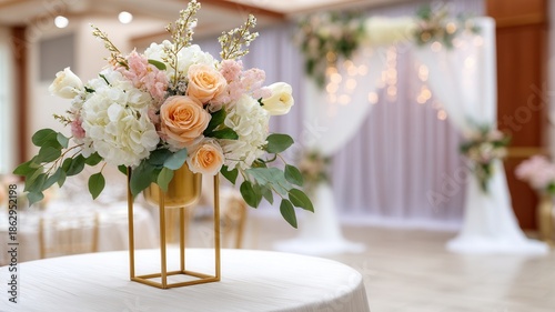 Beautiful floral centerpiece a golden stand creating a romantic and festive wedding a atmosphere for celebration