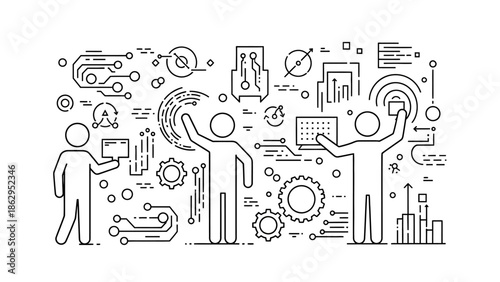Two stick figures collaborating on digital innovation and technology solutions with a complex array of icons, isolated white background.