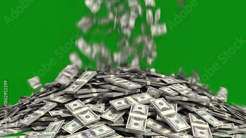 Money raining down on a pile of cash, green background