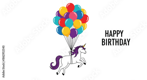 Happy Birthday greeting card design with a magical unicorn being lifted into the air by a big bunch of balloons.