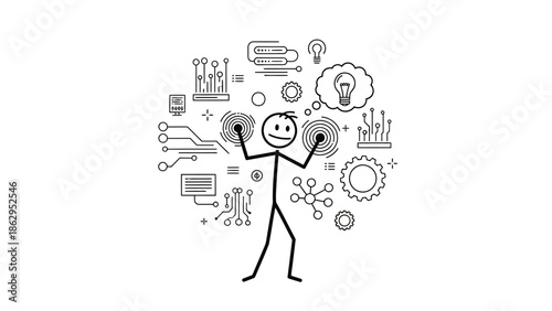 Stick figure interacting with a myriad of digital technology and data icons on an isolated white background, symbolizing innovation and management.