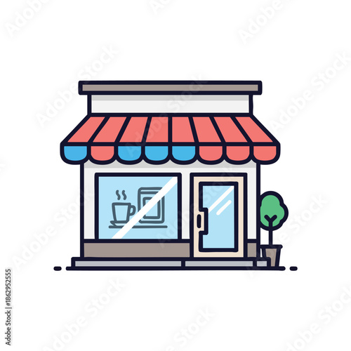 Colorful illustration of a small shop with a red and blue awning, potted tree