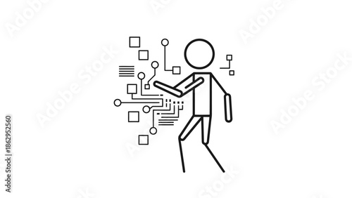 Dynamic Stick Figure Man Representing Digital Transformation and Technological Progress, Moving Forward on Isolated White Background