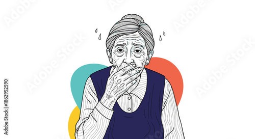 Worried and shocked elderly woman with her hand over her mouth, depicted in a black and white line art illustration.