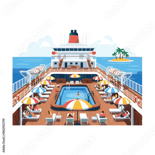 Luxurious cruise ship deck with pool and lounge area surrounded by ocean and island, viewed from above