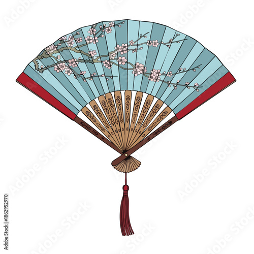 Vector illustration of a hand fan featuring a floral design and a long, maroon tassel