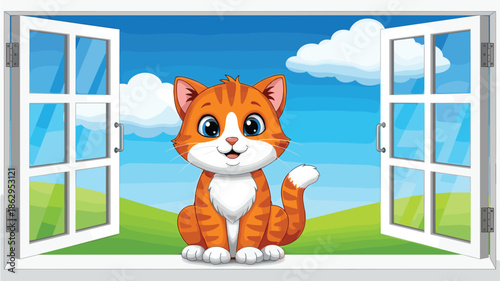 Cute orange tabby cat, sitting on windowsill, scenic outdoor view, cartoon style, children theme, cheerful mood, flat vector illustration