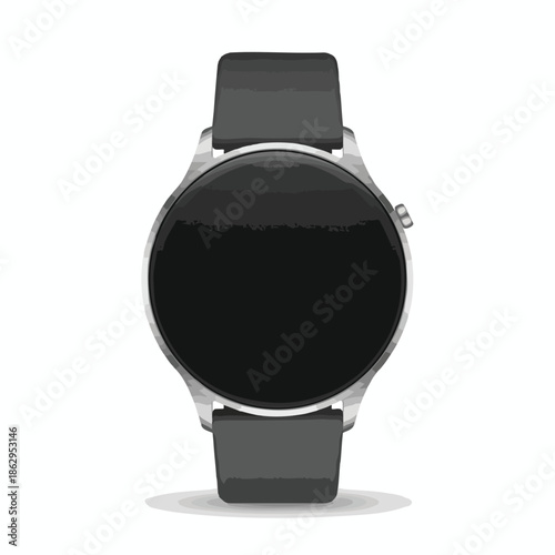 Vector illustration of a round smartwatch with a black screen and a gray strap