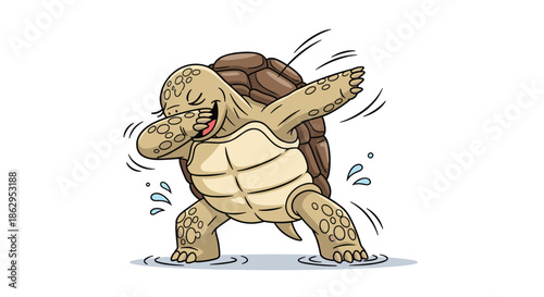 A cool cartoon turtle character with a happy expression is doing the popular dab dance move while standing in a puddle of water.