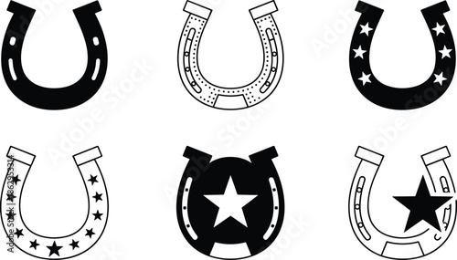 Solid and Outline Vector Icon Set Featuring Traditional Horseshoes Decorated with Stars Representing Good Luck and Equestrian Sports