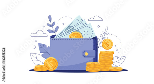 Open blue wallet overflowing with paper money and gold coins surrounded by decorative leaves and floating currency elements.