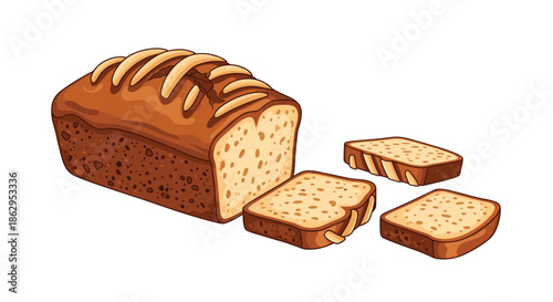 Delicious golden brown loaf of bread with several thick slices placed next to it shown in a warm and realistic style.