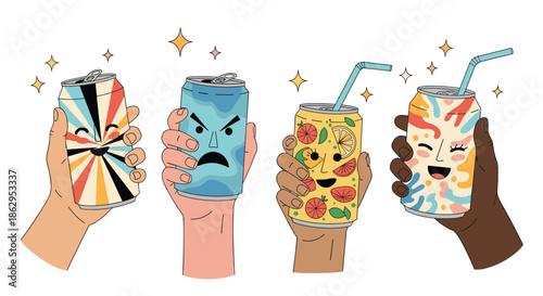 Group of four diverse hands holding colorful beverage cans with expressive faces and vibrant artistic patterns.
