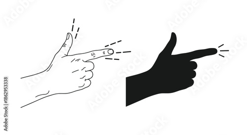 Illustration of a hand making a pointing or gun gesture presented in both a line drawing and a solid black silhouette.