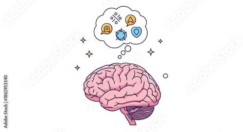 Creative illustration of a human brain with a thought bubble containing various symbols for ideas and mental processes.