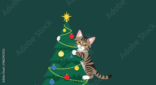 A mischievous tabby cat climbing a decorated Christmas tree with a guilty look on its face against a dark green background.