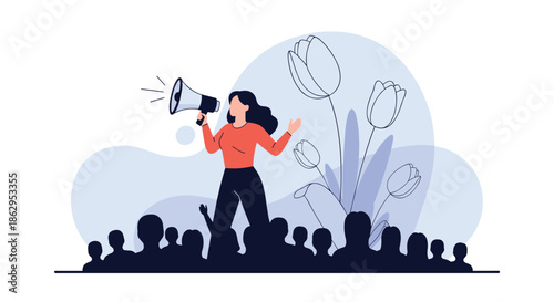 Empowered woman speaking through a megaphone to a large crowd of people with giant flowers in the background for advocacy.