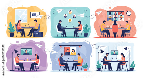Set of six panels depicting people working in collaborative environments including home offices and remote video meetings.