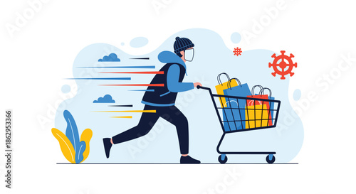 Man wearing a mask and beanie running quickly while pushing a shopping cart full of colorful bags during a busy sale event.