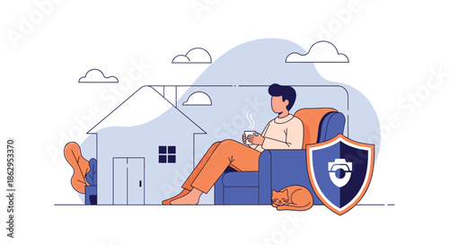 Man sitting on a sofa at home drinking coffee with his sleeping cat protected by a large digital security shield symbol.