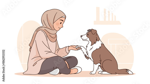 A woman in hijab playing with her dog in a serene indoor setting