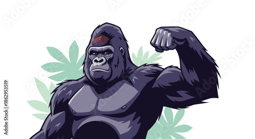A powerful and muscular gorilla mascot is flexing his bicep to show off his strength, with jungle leaves in the background.