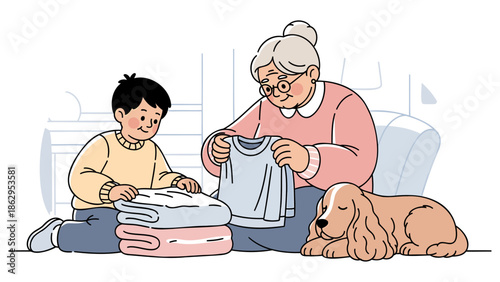 An elderly woman and a child sorting clothes together with a dog lying beside them on the floor