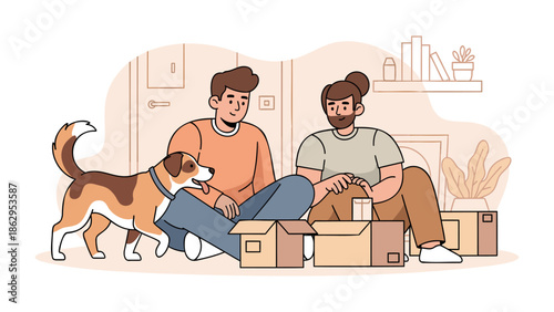 Couple sitting on floor with dog surrounded by boxes in new home