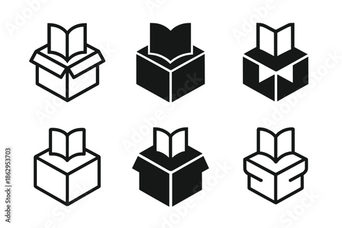 Storytelling Logo Variations. Storytelling Through Design. Icon set. Set Logo of Storytelling Through Design: packaging unboxing sequence. harmonious logo