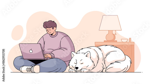 Man working on laptop with dog sleeping beside him at home
