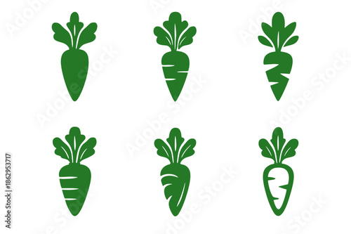 Organic Carrot Logo Set. Organic produce. Icon set. Set Logo of Organic produce: carrot bunch with tops. harmonious logo variations of the same emblematic