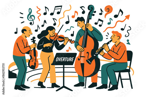 Vibrant Musical Overture. Amphitheater ? Live Musicians. A small ensemble tunes beside the stage; notes and rhythm dots coil upward. Label ?overture? glows on