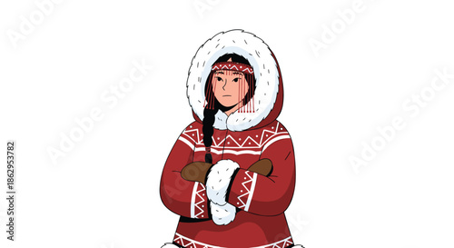An Inuit or Eskimo woman dressed in a traditional warm red parka with fur trim stands with her arms crossed in the cold.