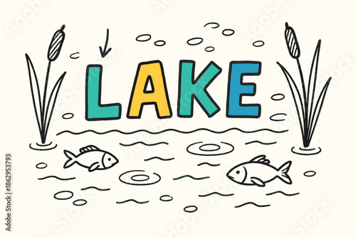 Playful Lake Sketch. Doodle / Sketch ? "Lake" in playful hand-drawn letters, rough sketch outlines with arrows, small ripples, fish, and reed doodles