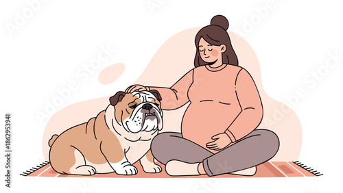 Expectant mother gently stroking her bulldog on a mat