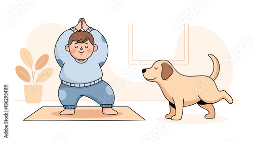 A young woman practices yoga with her dog in a serene living room setting