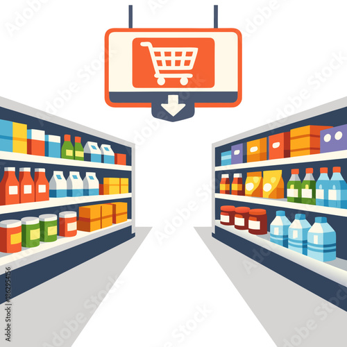 Online Shopping Aisle with Cart Icon Illustration