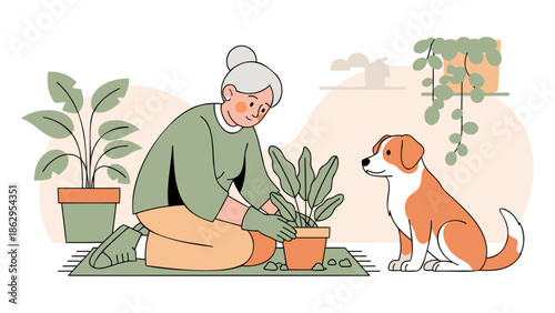 Elderly woman gardening with her dog in a serene indoor environment