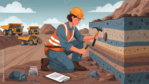 Dedicated geologist conducting a meticulous geological survey and mineral exploration at an open-pit mining site, analyzing rock layers for valuable resources